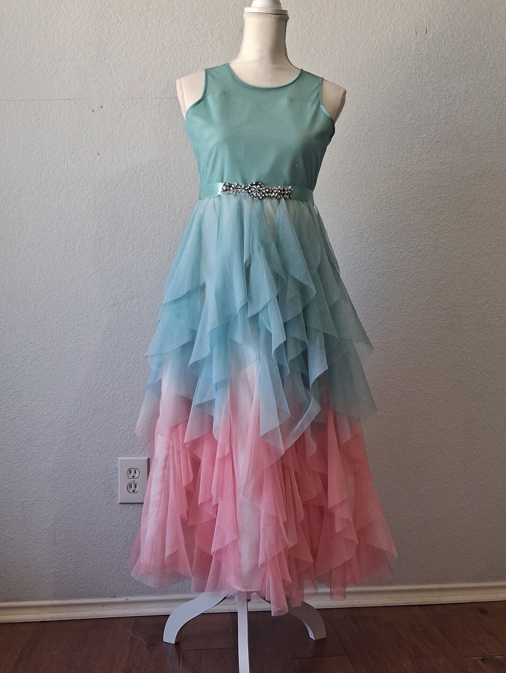 Rare Editions Teal to Pink Ombre Ruffle Tulle Dress with Jeweled Waistband